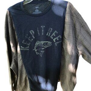Reworked Plaid Tee, Size XL-XXL: Upcycled Fishing Graphic Long-Sleeved T-Shirt